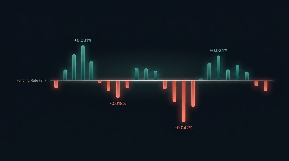 Funding rate timeline flipping between positive and negative, with example values like +0.031% and -0.042% per 8-hour period