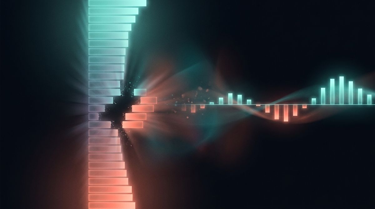 Abstract dark graphic of glowing teal-to-coral order book bars meeting a funding-rate pulse wave, evoking slippage and funding cost