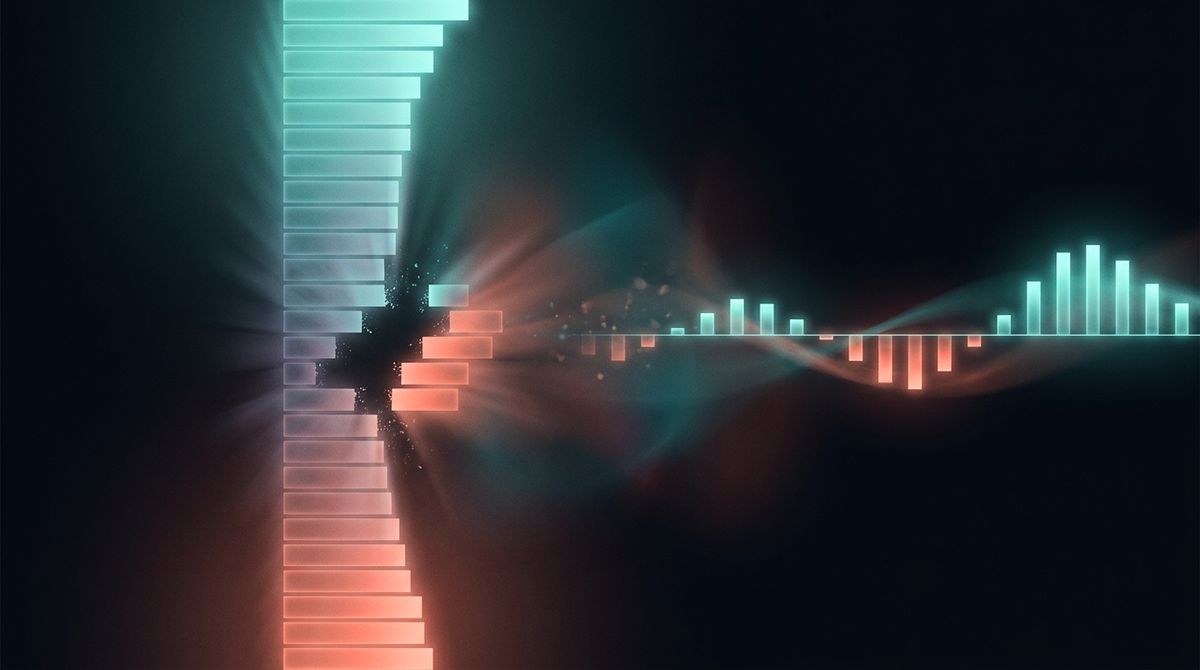 Abstract dark graphic of glowing teal-to-coral order book bars meeting a funding-rate pulse wave, evoking slippage and funding cost