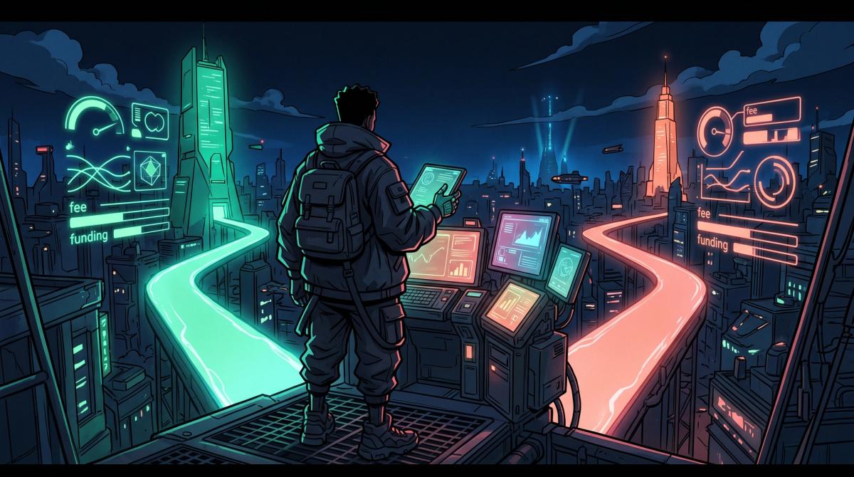 Anime-style illustration of a lone trader on a rooftop terminal in a neon city at night, facing two glowing paths that lead to a teal tower and a coral tower, each with gauges labeled fee and funding