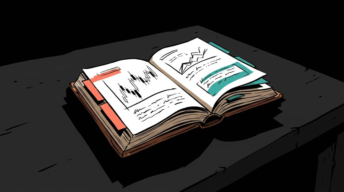 An open leather trading journal on a bare table with handwritten notes and a sketched candlestick chart