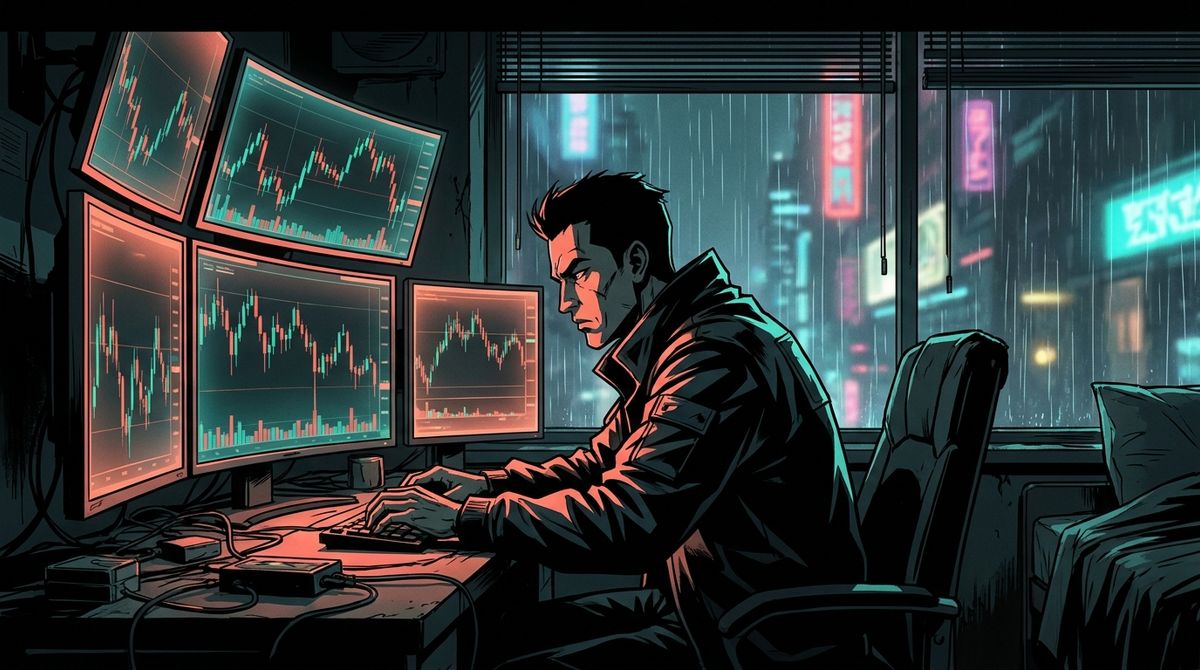 A trader at a desk lit by multiple glowing screens, rain streaking the window behind them