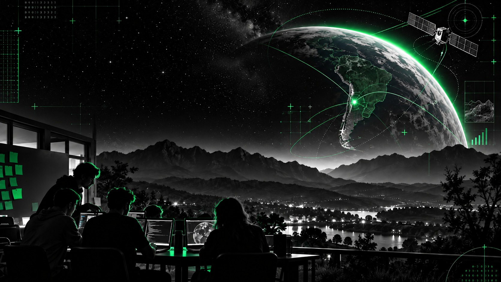 Ilustración de un equipo trabajando con datos satelitales sobre Calamuchita