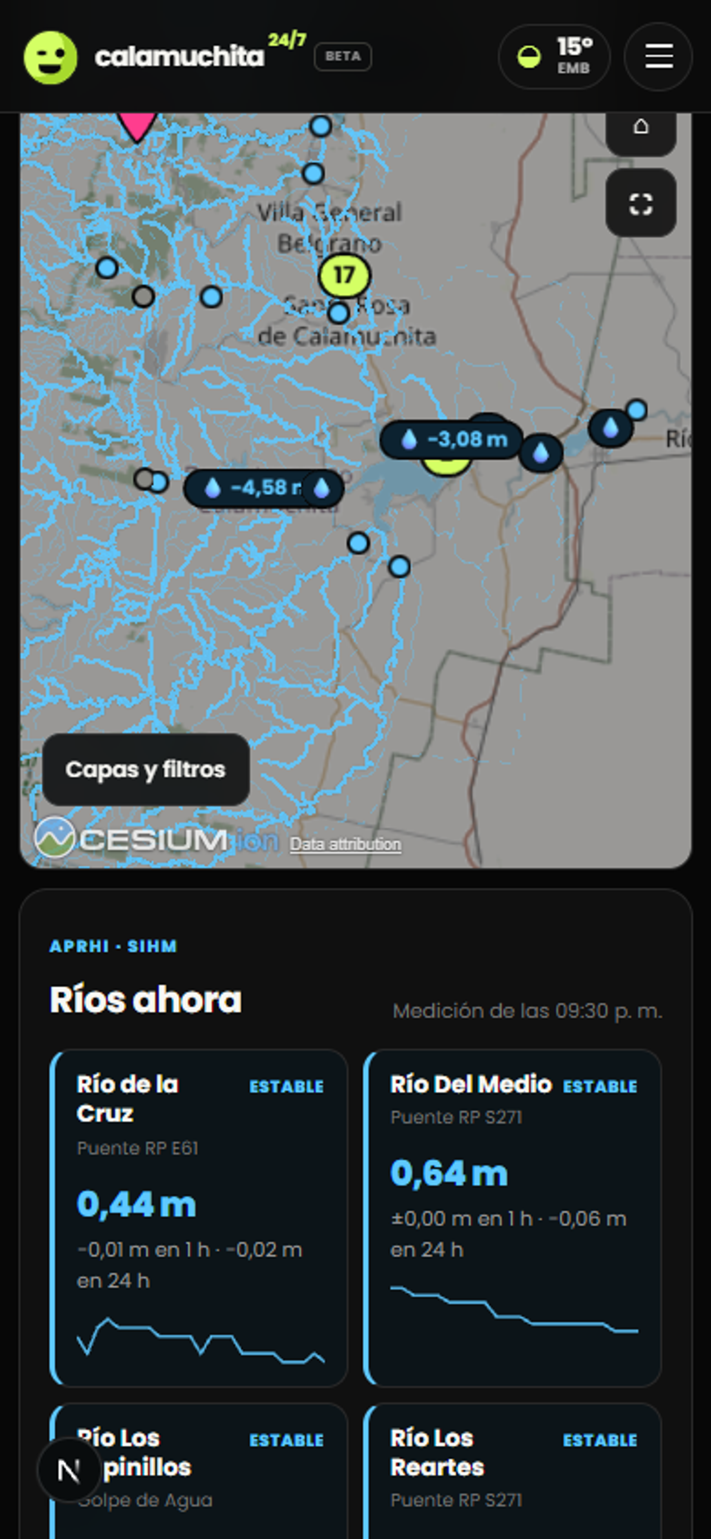 RADAR 24/7 abierto en un teléfono con el panel de capas y filtros