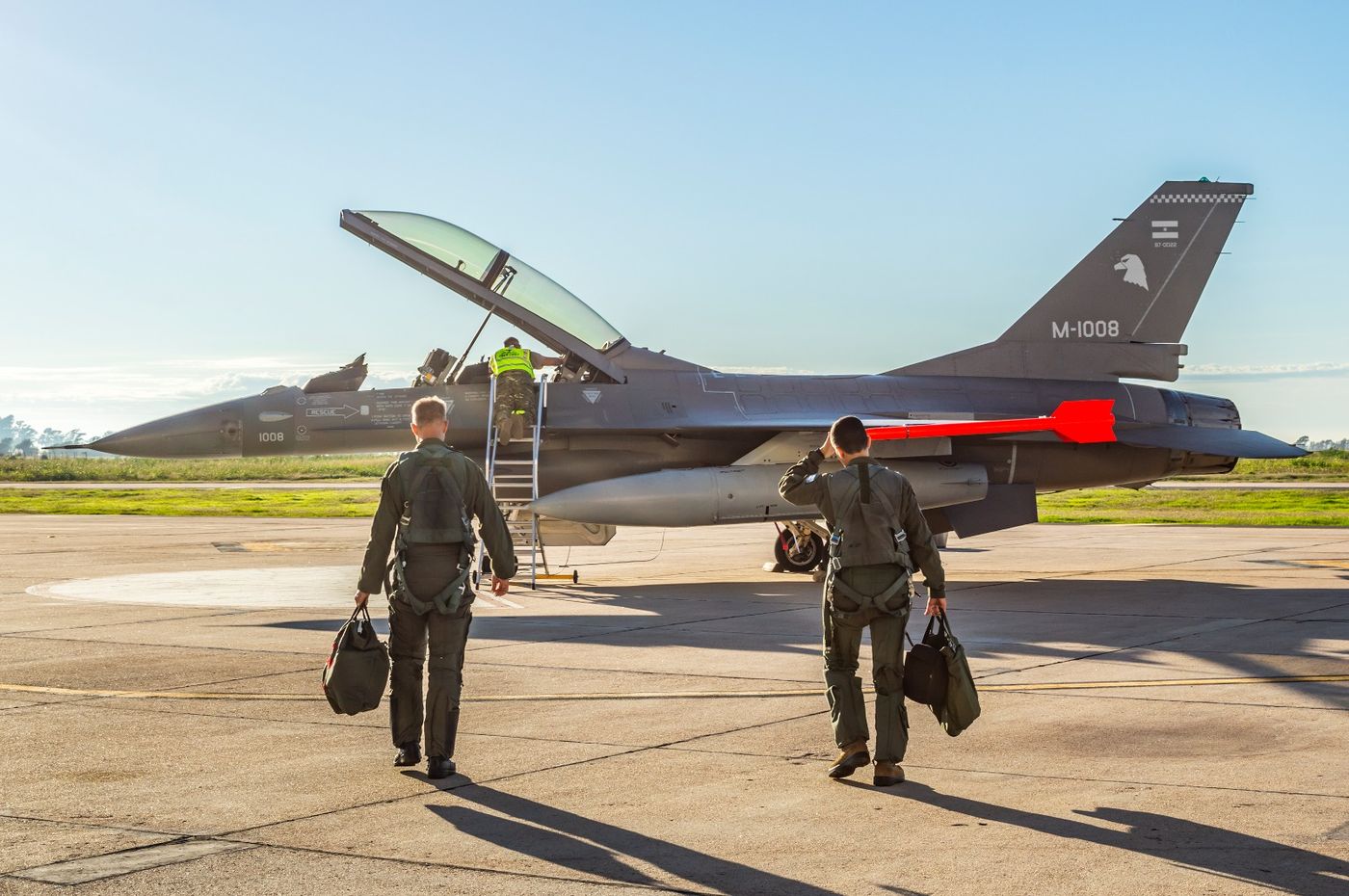Dos aviones F-16 biplaza de la Fuerza Aérea Argentina en vuelo