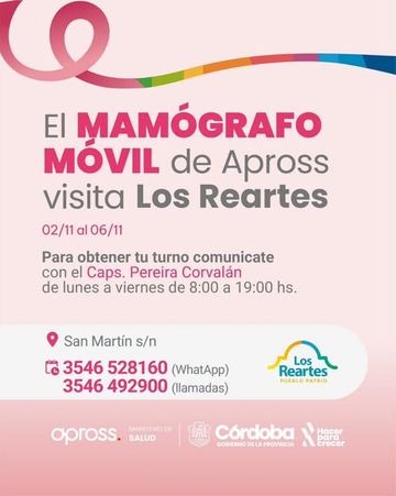 Flyer oficial del mamógrafo móvil de Apross que visitará Los Reartes del 2 al 6 de noviembre