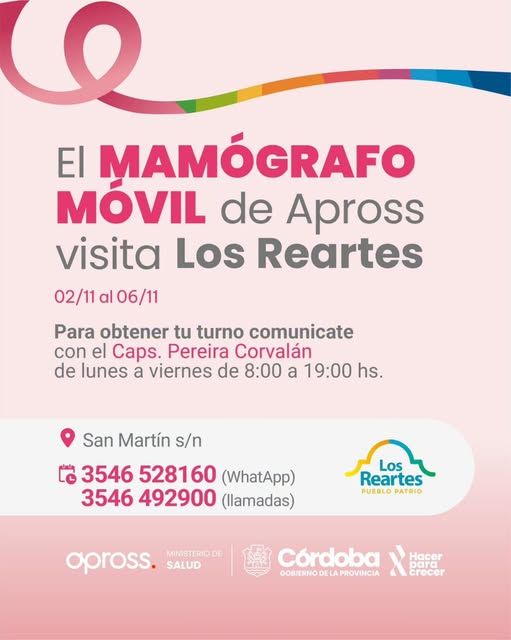 Flyer oficial del mamógrafo móvil de Apross que visitará Los Reartes del 2 al 6 de noviembre