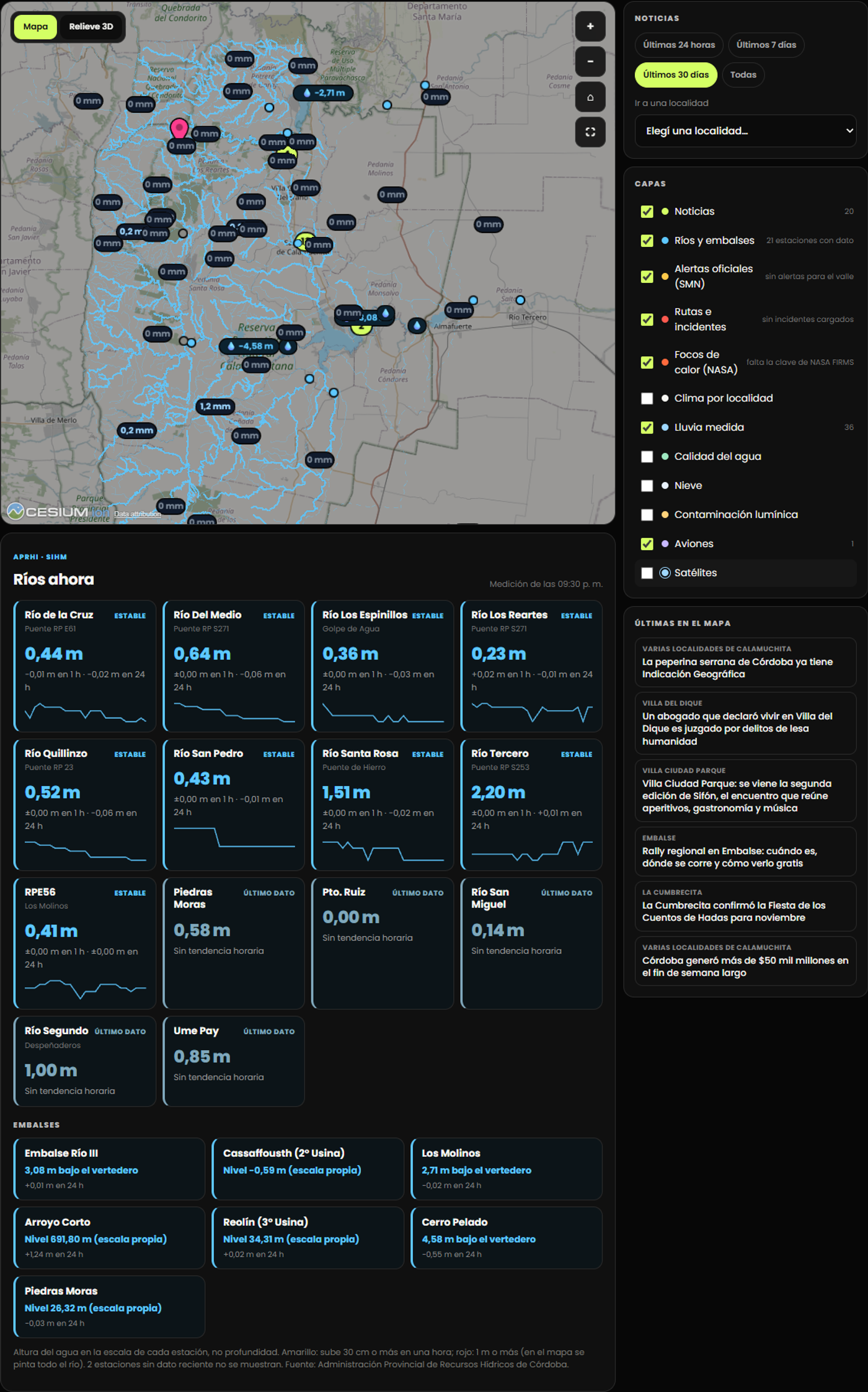 Capa de lluvia medida de RADAR 24/7 sobre el valle de Calamuchita