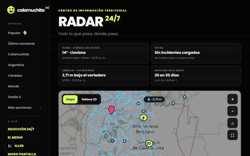 Recorrido animado por el mapa y el relieve 3D de RADAR 24/7