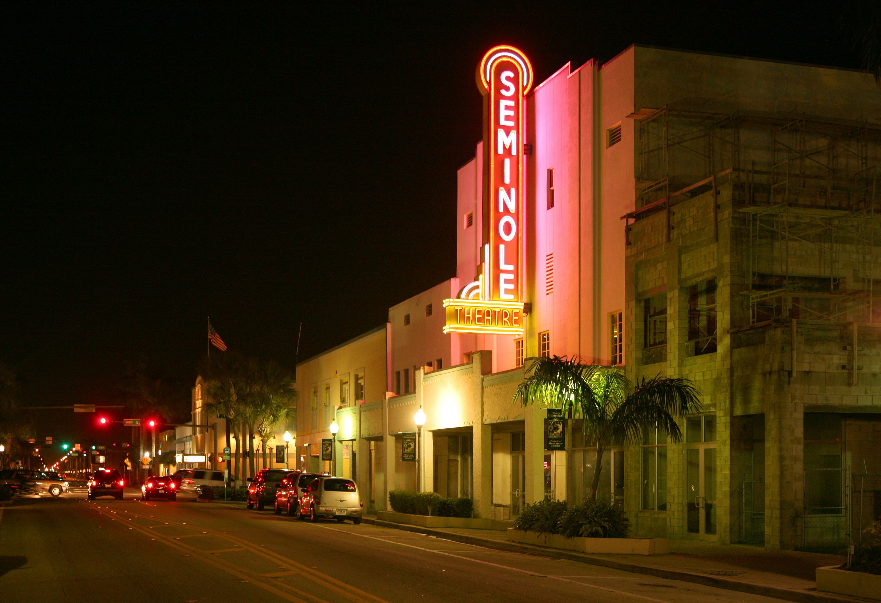The historic Seminole Theatre facade in Homestead, photographed in 2008 before its 2015 reopening.
