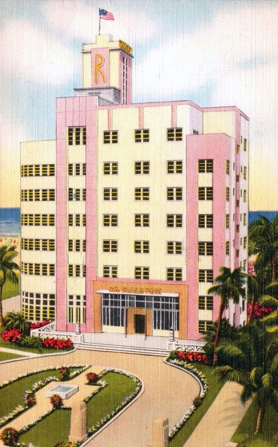 Archival circa-1942 color postcard showing the original Raleigh Hotel in Miami Beach, Florida.