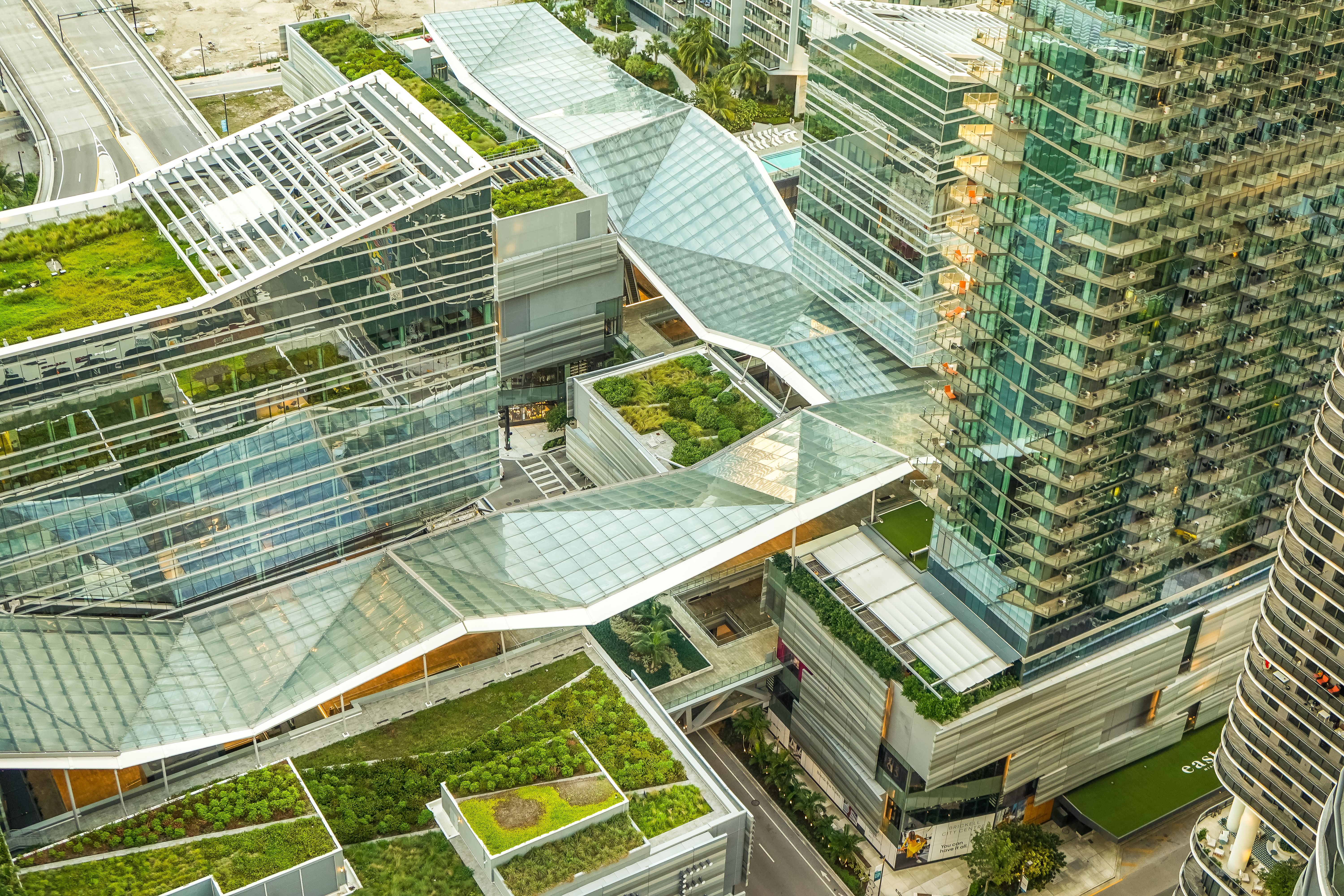 Brickell City Centre glass roof, photographed in 2018, illustrating the complexity of modern building systems; not a 2026 code compliance assessment.
