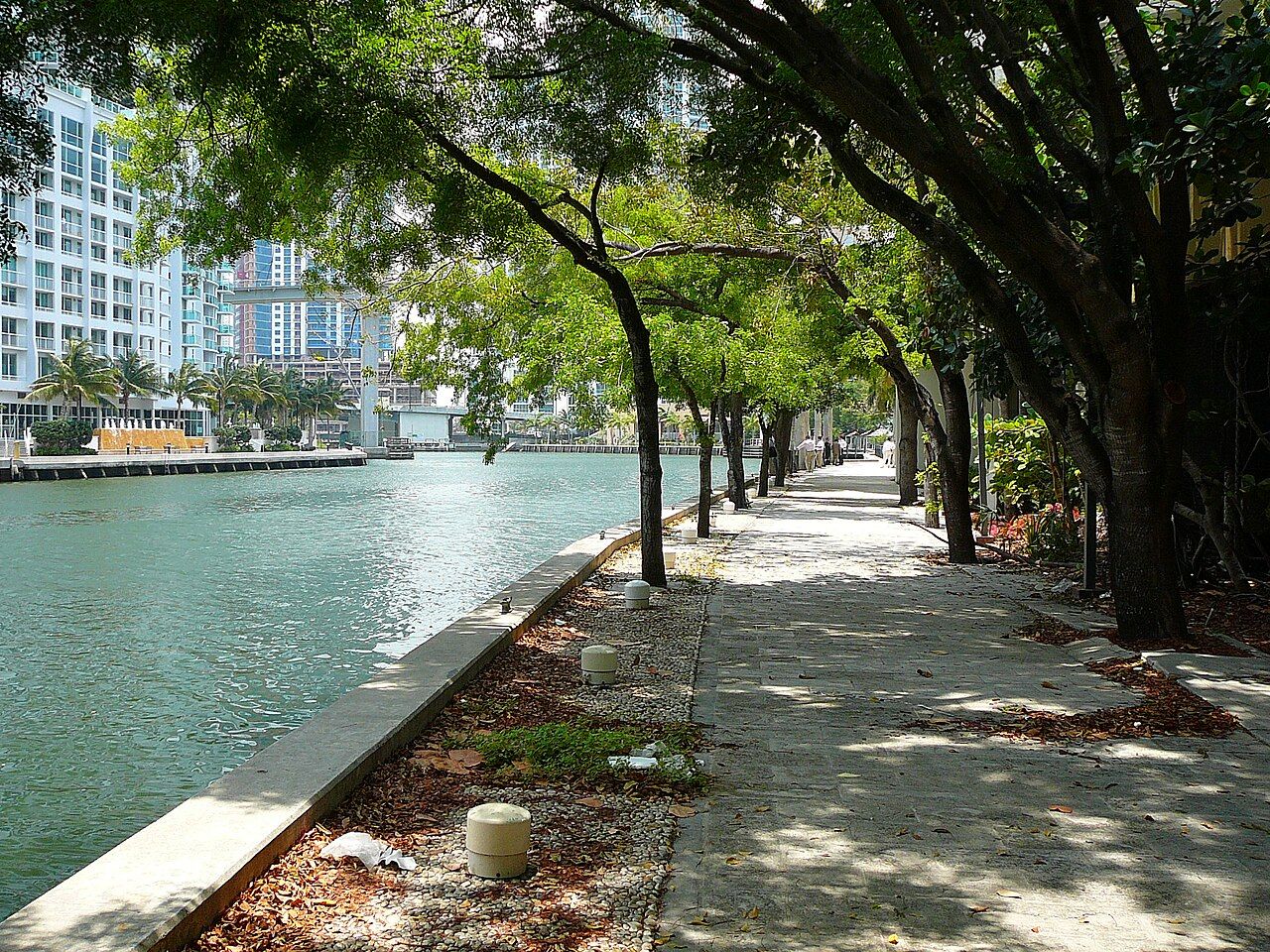 Historic Miami Riverwalk photographed in 2008, illustrating public waterfront access; not Riverside Wharf or current construction.