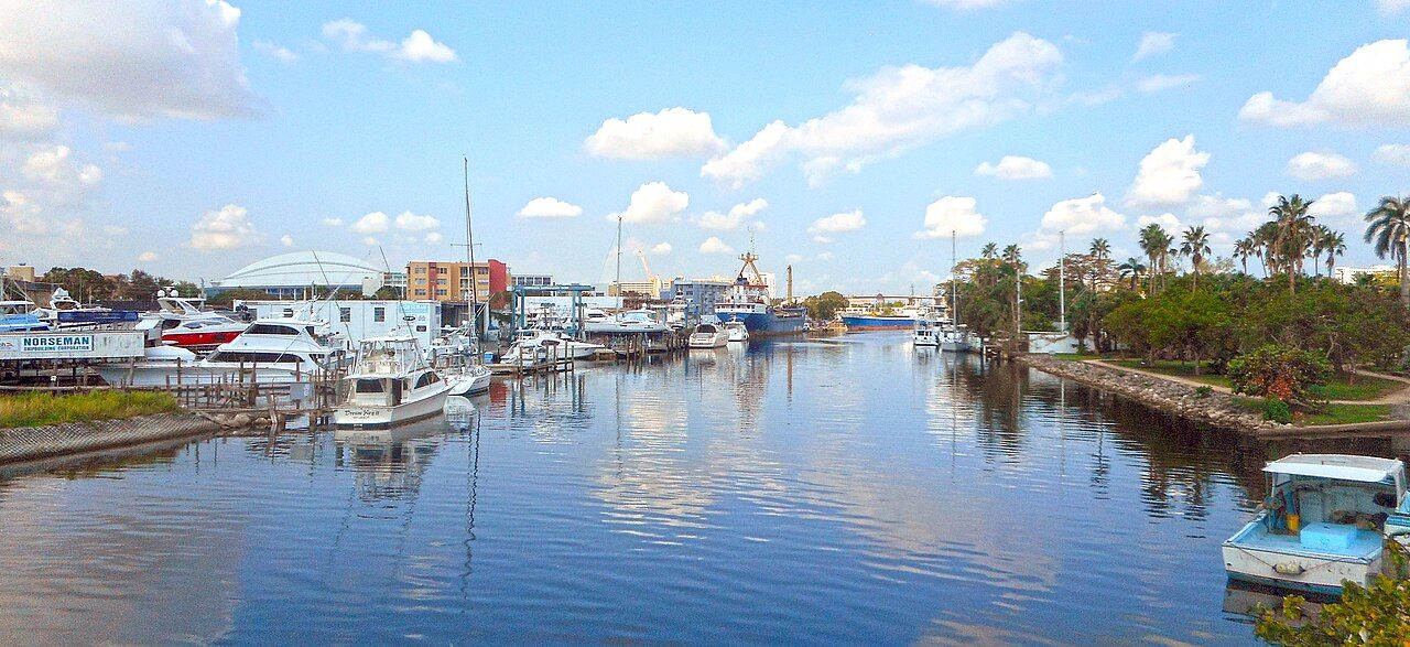 Miami River with boats and shoreline seen looking upriver from the Northwest Fifth Street Bridge in September 2017.