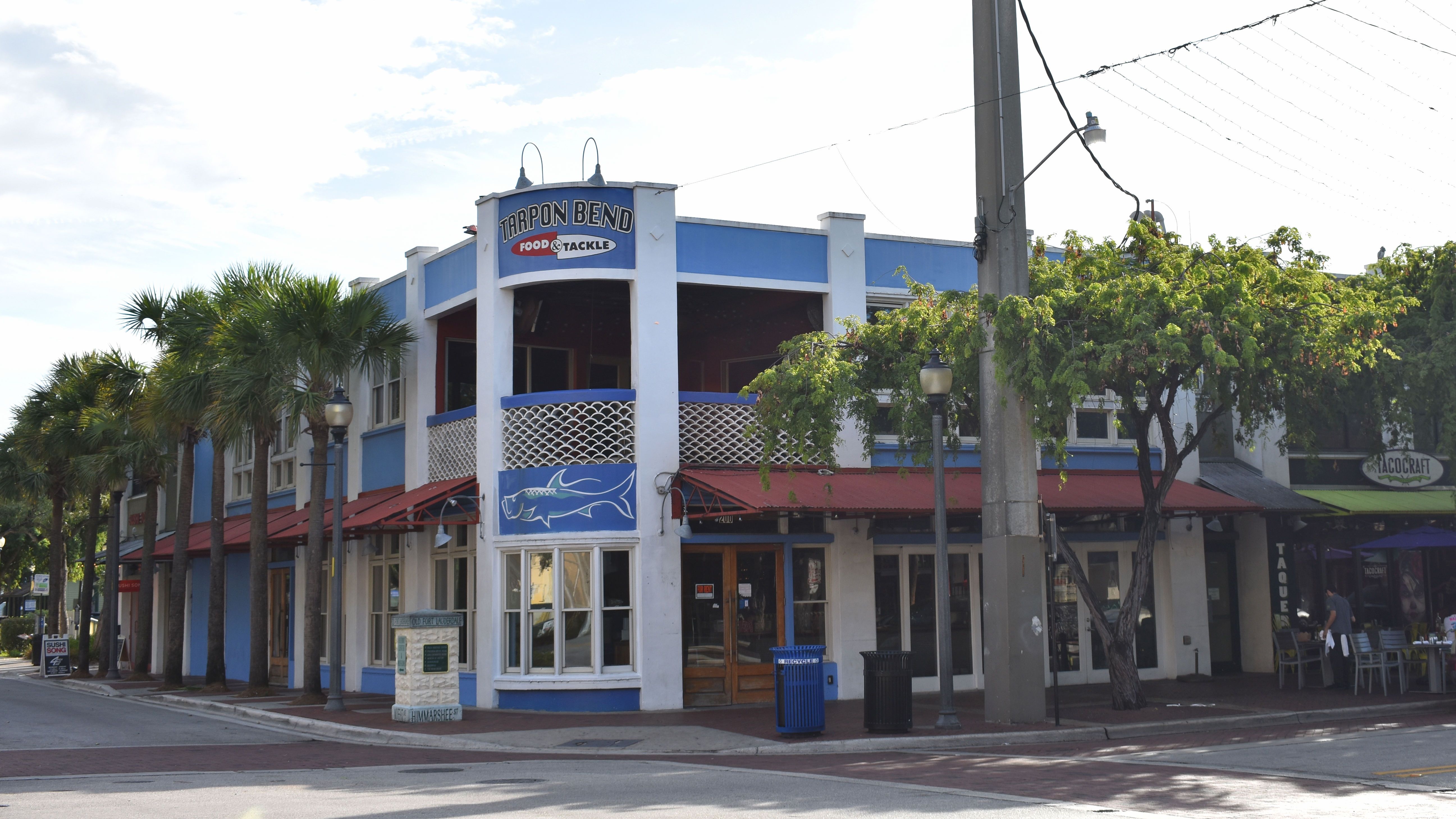 Tarpon Bend restaurant and adjacent Himmarshee Village street frontage photographed in November 2018, not in 2026.