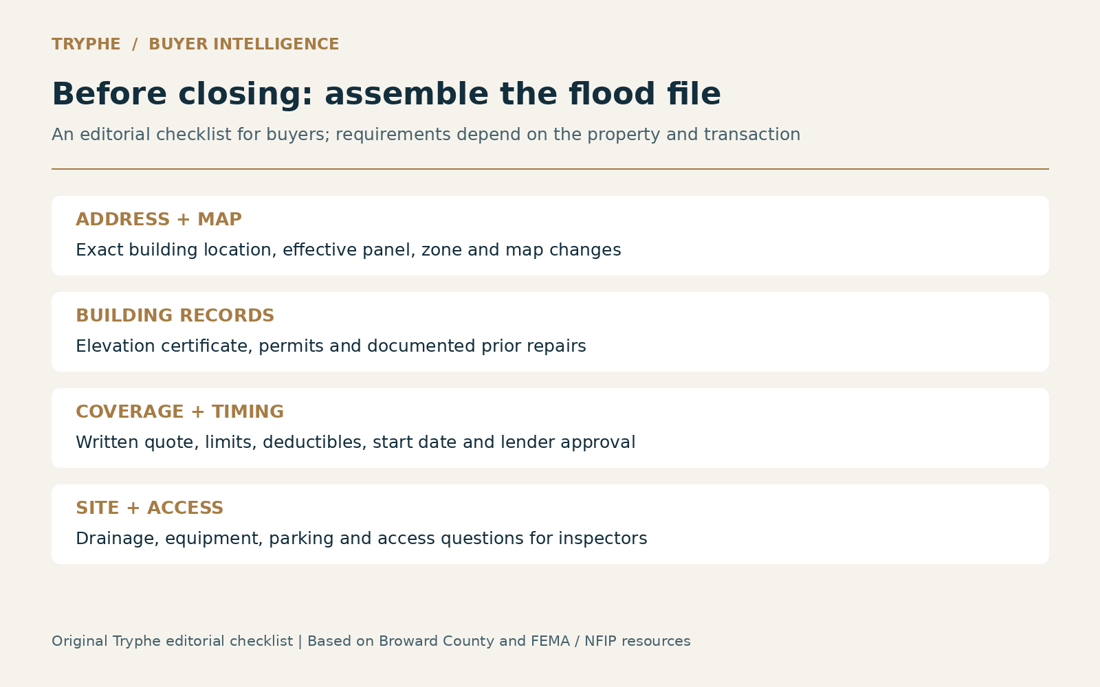 Broward buyer flood-file checklist covering maps, records, coverage, timing, drainage and access.