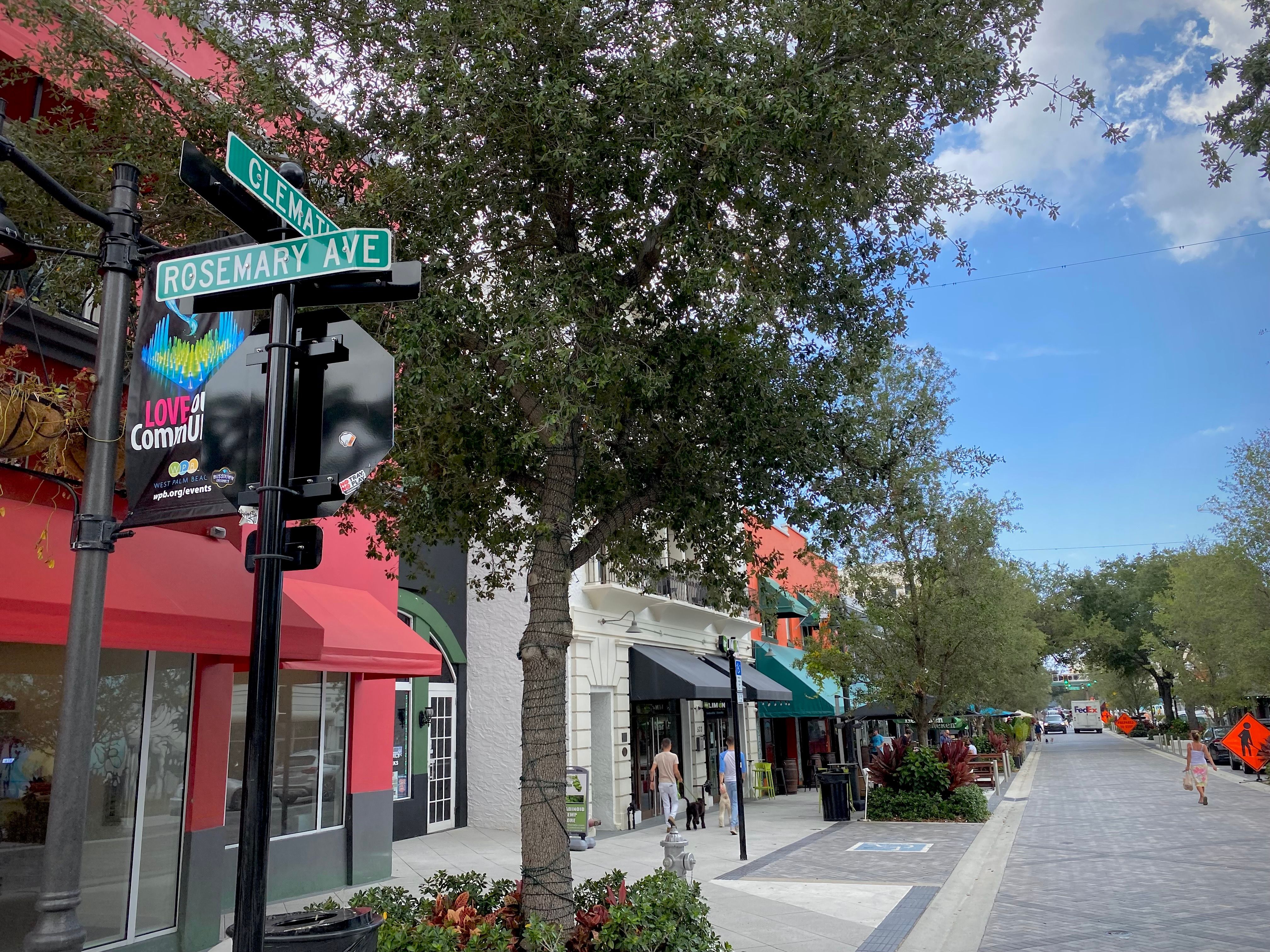 Archival 2021 street scene at Clematis Street and Rosemary Avenue in downtown West Palm Beach; not the Nora Hotel or Nora District.