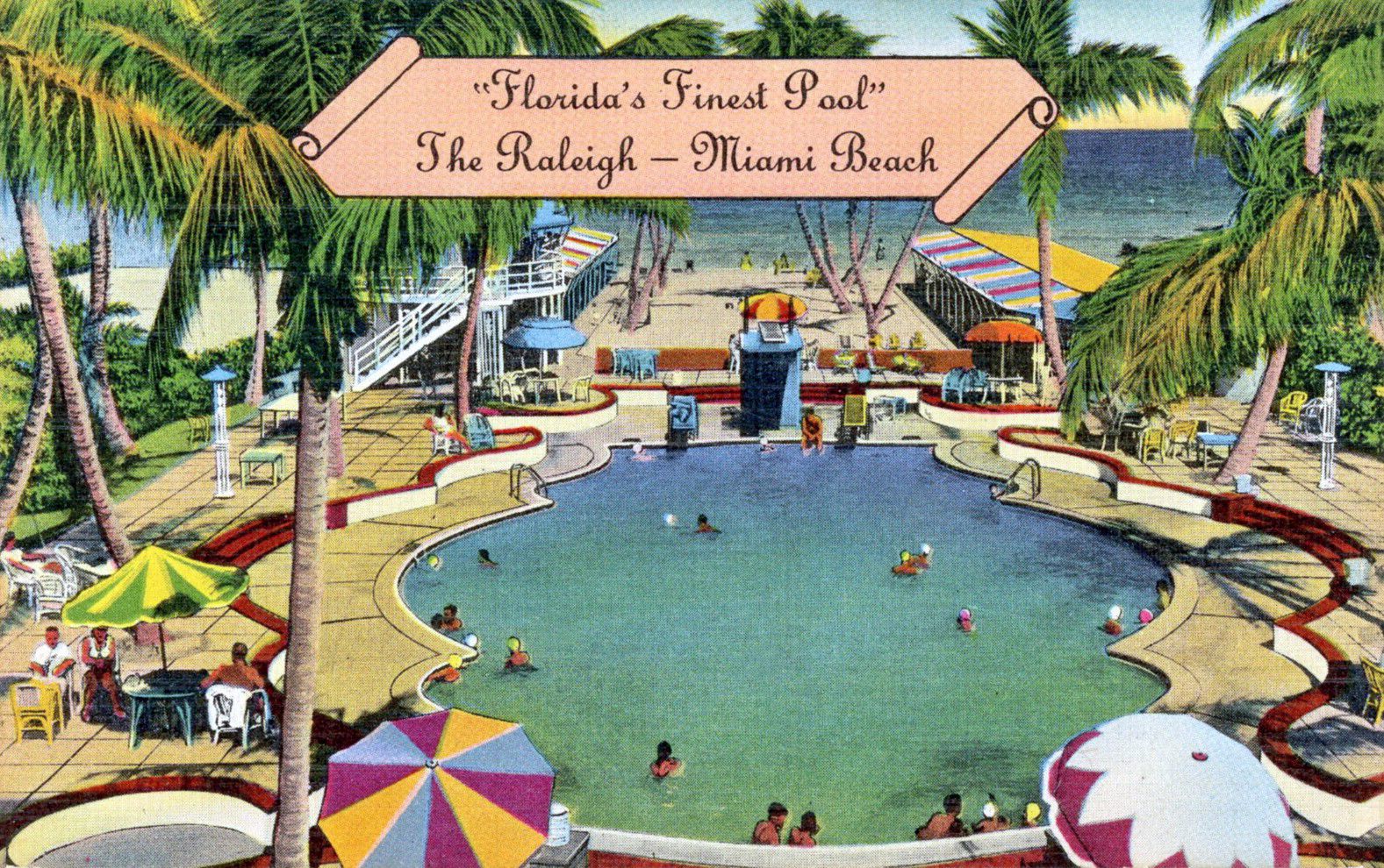 Historic circa-1948 color postcard depicting the Raleigh Hotel swimming pool in Miami Beach.