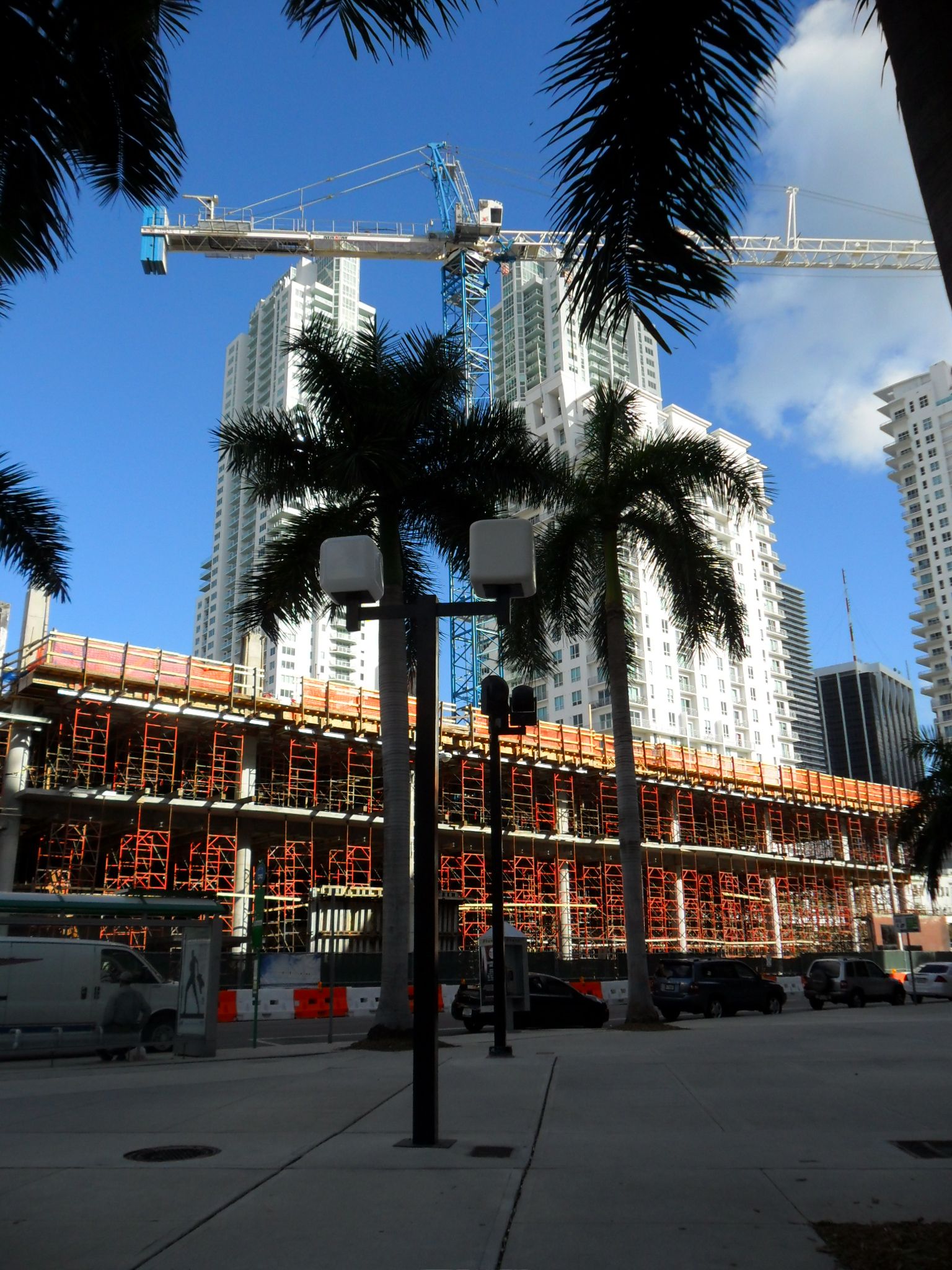 Tower crane at a Downtown Miami construction site photographed in 2011, used as historical context for construction permit planning.
