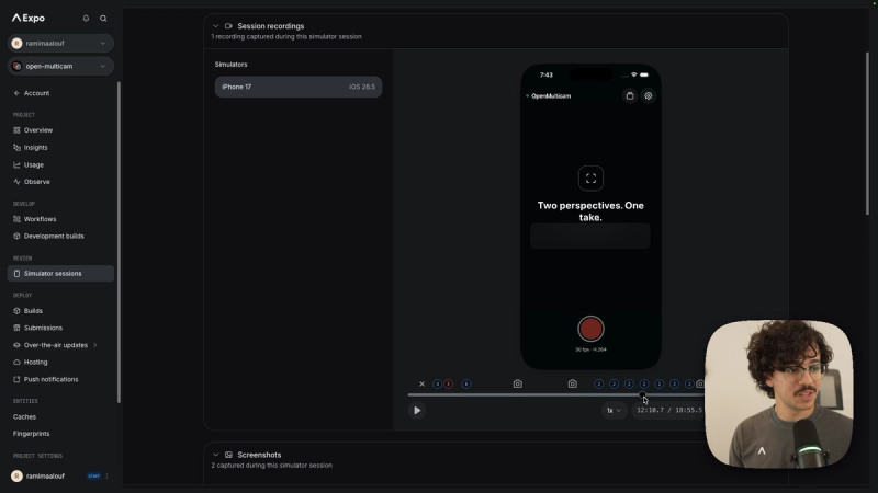 A finished session's recording on expo.dev with a timeline of screenshots taken during the run