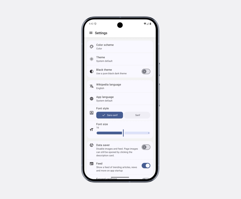A screenshot of the Settings view in the wiki-reader clone app