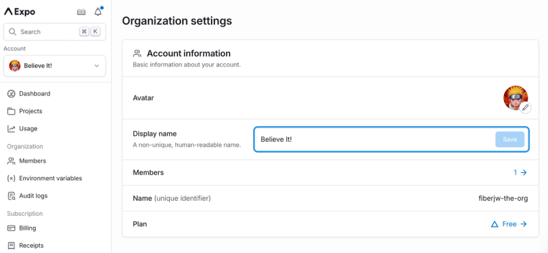 A screenshot of the account settings page with the new display name option