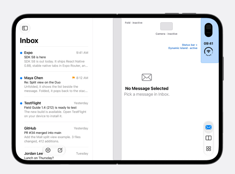 A mail app on the open iPhone Duo in landscape, with the reserved regions UIKit reports shaded over it. A gray strip down the middle is labeled fold, inactive. A small gray rectangle near the top right is labeled camera, inactive. A blue block at the top of the right edge, around the expanded Dynamic Island, the clock, and the Wi-Fi icon, is labeled status bar plus Dynamic Island, active.