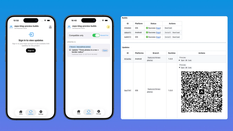 Image showing the updates available on a build, and a QR code to scan from a Github comment