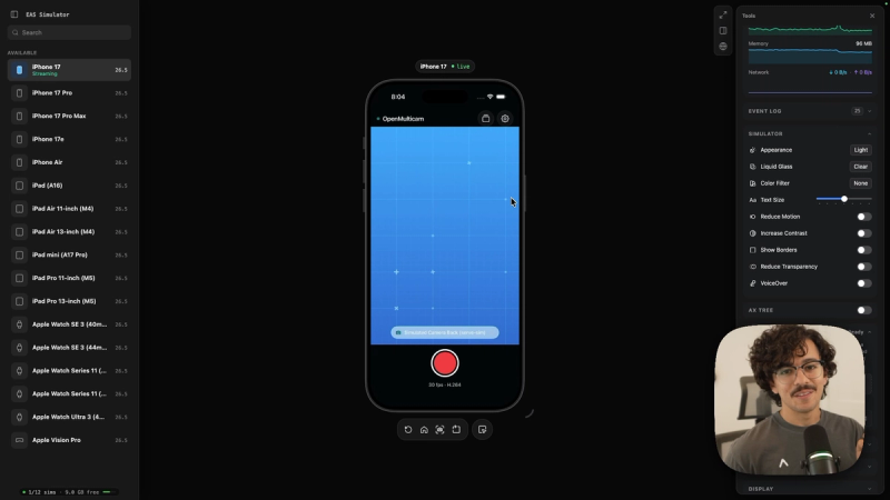 OpenMulticam running on a cloud iPhone in the EAS Simulator web preview, with the simulated camera feed showing and a badge reading Simulated Camera Back (serve-sim)