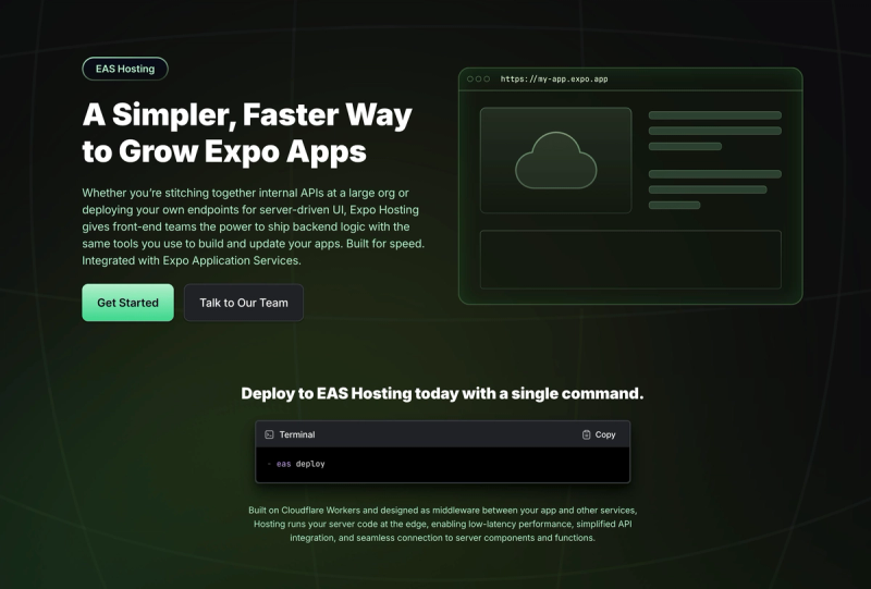 A screenshot of the EAS Hosting landing page (https://expo.dev/eas/hosting) 