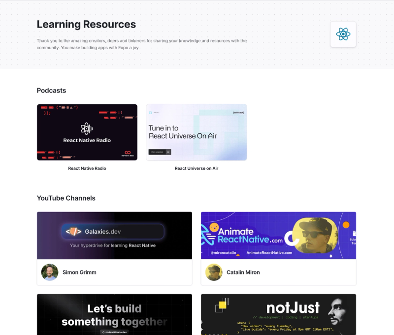 A screenshot of the new learning resources page