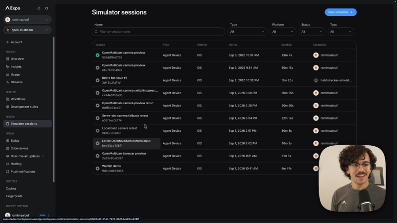 The Simulator sessions page on expo.dev listing ten sessions for the open-multicam project, with names, type, platform, start time, and duration