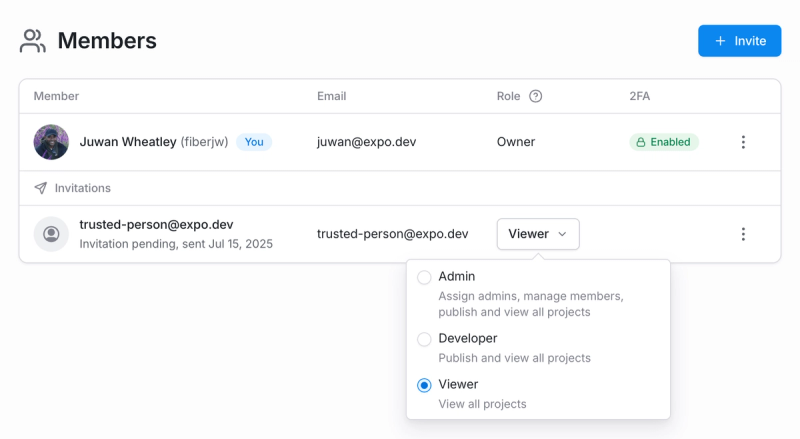A screenshot of the pending organization invite role change UI