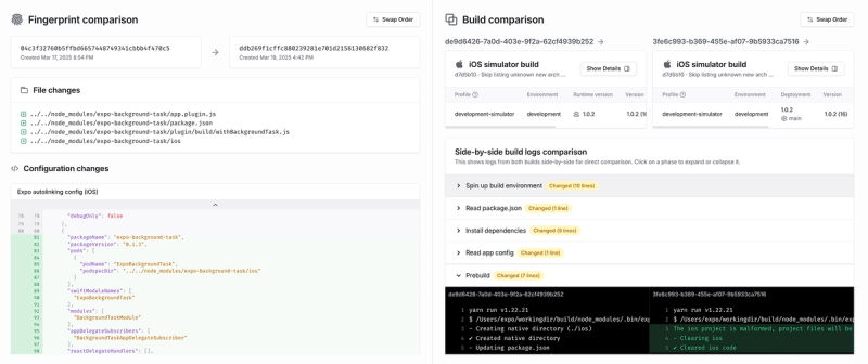 Comparison views for fingerprints and builds