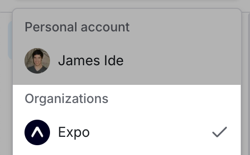 The Expo organization has the Expo logo as its profile icon