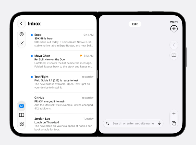 The open iPhone Duo in Split View with a mail inbox in the left window and Safari in the right. The mail app's back button, toolbar buttons, and tab bar sit in a vertical rail on the left edge of its window; Safari's controls sit in a rail on the right edge of the display.