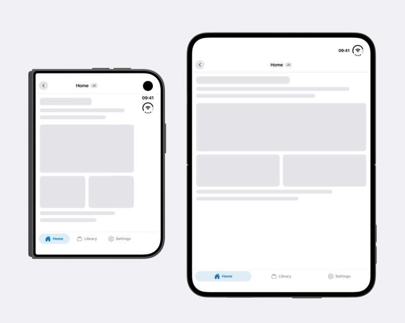 A placeholder app on iPhone Duo folded and open in portrait. Each shows a JavaScript stack header with a round back button and a title, gray boxes for content, and a tab bar of three pills along the bottom. Folded, the header starts below the clock in the right rail, and the tab bar ends at the rail.
