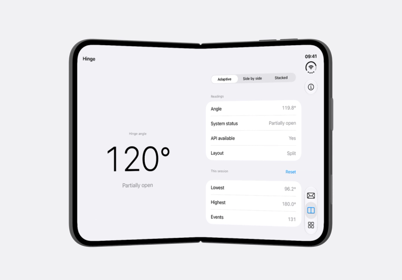 A partially open iPhone Duo showing a hinge demo screen. The left panel reads 120 degrees, partially open. The right panel lists the angle, the system status, and the session's lowest and highest angles.
