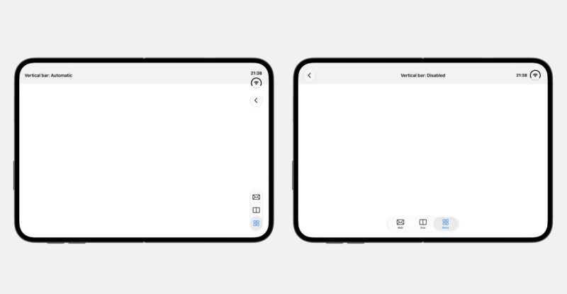 An empty screen with a navigation header on the open iPhone Duo, twice. On the left, the status bar, back button, and tab bar sit in a vertical rail on the right edge. On the right, with the vertical bar disabled, the status bar and back button run along the top and the tab bar along the bottom.
