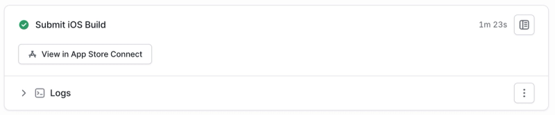 A screenshot of an EAS Submit job with an App Store Connect link button
