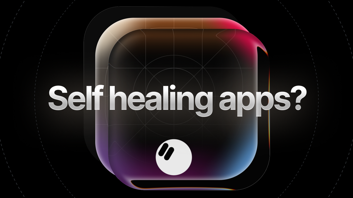 Self healing apps? text over a layered app icon on a dark background