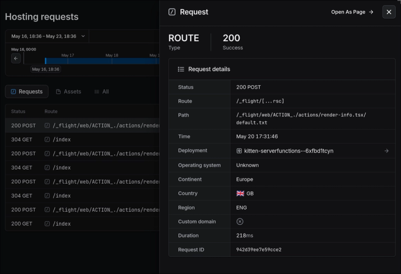 Request logs record Expo routes and pathnames