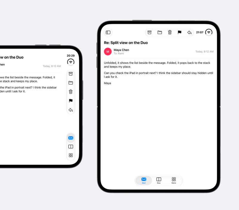 A mail app on the open iPhone Duo in landscape and portrait. In landscape, the clock, back button, five toolbar icons, and the tab bar stack in a rail on the right edge beside the message. In portrait, the toolbar icons run along the top and the tab bar along the bottom.