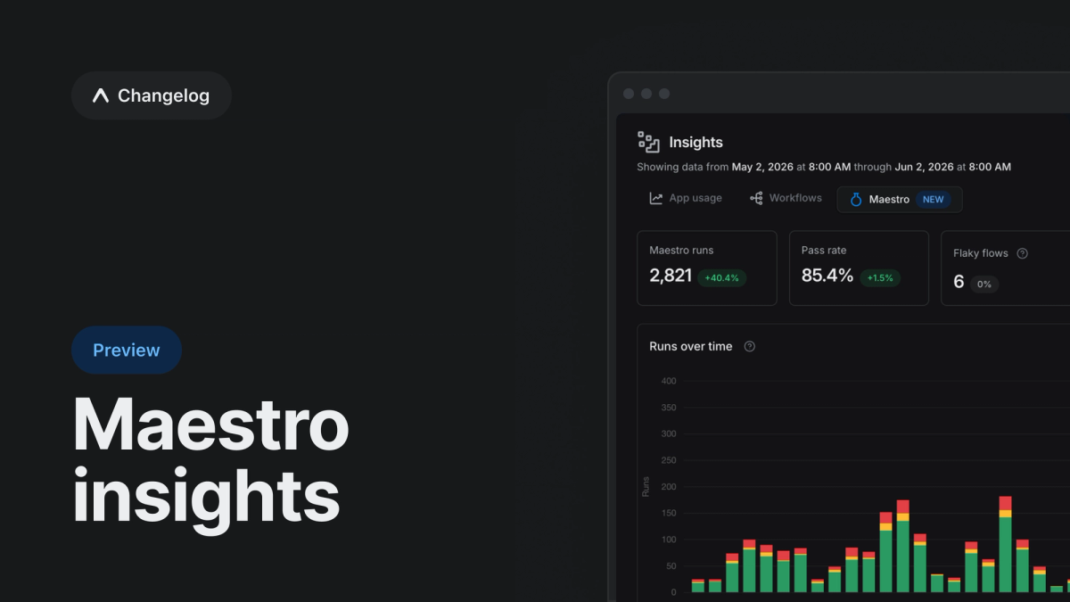 The Maestro tab in EAS Insights, showing Maestro runs, pass rate, flaky flows, and average duration, a runs-over-time chart of passed, flaky, and failed runs, and a table of Maestro flows.
