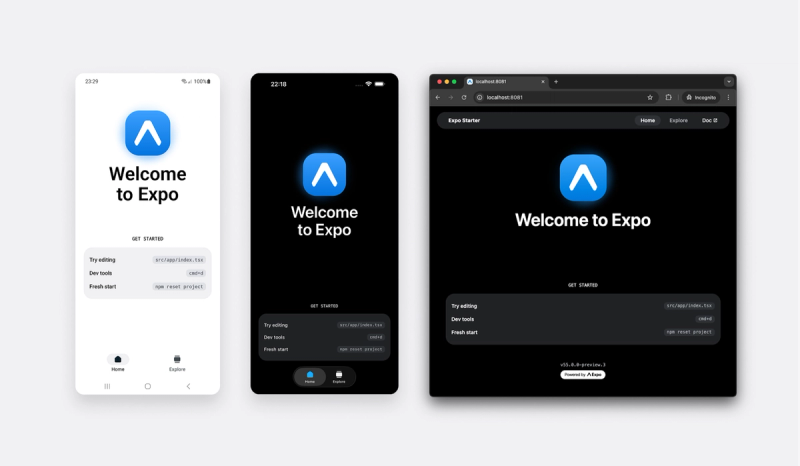 Screenshots of the main screen of the new default template on all supported platforms