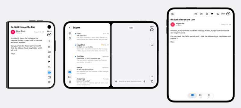 A mail app on iPhone Duo in three states. Folded, the back button, five toolbar icons, and the tab bar stack in a vertical rail on the right edge. In the left window of Split View, the same rail sits on the left edge of the window. Open in portrait, the toolbar runs along the top and the tab bar along the bottom.