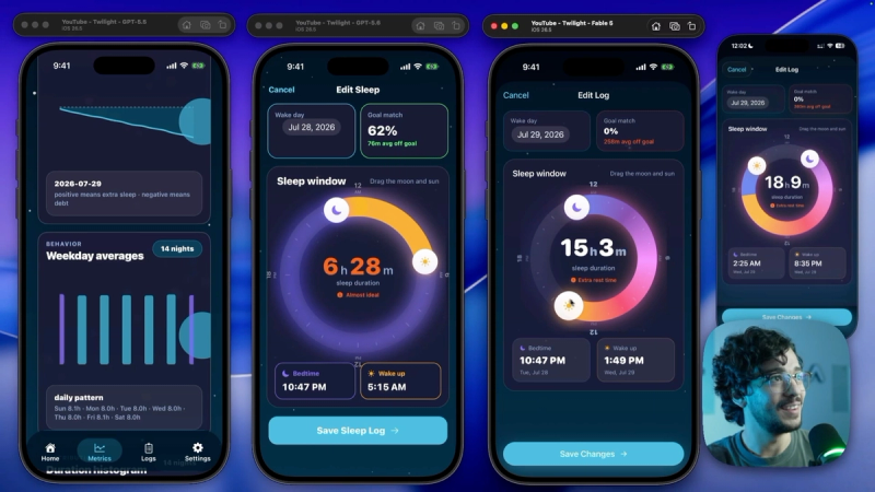 Sleep log screen in the Expo rewrite with the native slider and bottom sheet