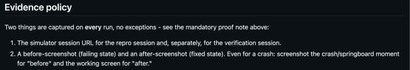 Agent prompt requiring reproduction and verification session URLs and before and after screenshots