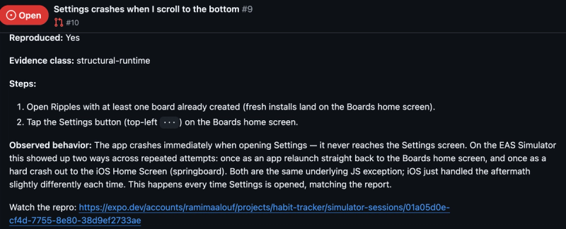 The issue comment lists the reproduction steps, describes the immediate Settings crash, and links the reproduction session