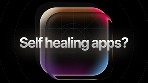 Self healing apps? text over a layered app icon on a dark background